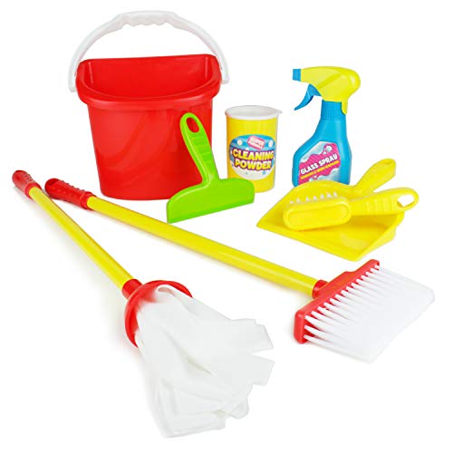 Boley Pretend Play Kids Cleaning Set - 8 Piece Toddler and Kid Toy Cleaning Kit with Mop and Broom Toys for Kitchen Housekeeping