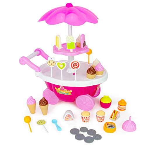 Boley Mini Ice Cream Cart - 31 Piece Light Up Musical Toy Ice Cream Stand and Pretend Play Food Set for Kids and Toddlers Ages 3 and Up