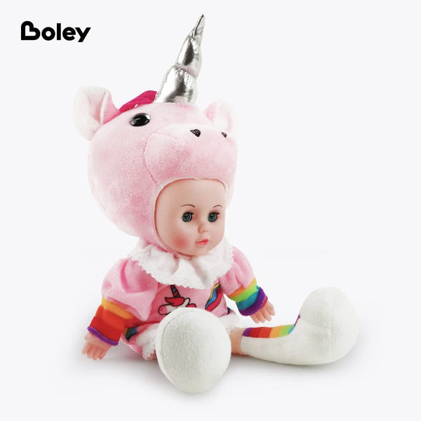 BOLEY Unicorn Baby Doll - Open and Close Eyes Unicorn Baby Doll for Kids - Classic 16 Inch Babydoll with Unicorn Plush Hoodie and Cotton Dress - Unicorn Toy for Toddlers and Kids Ages 3 and Up